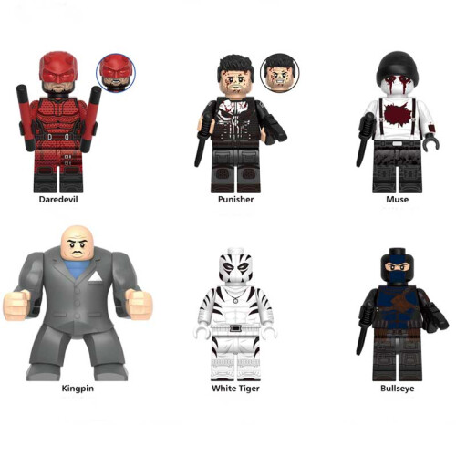 6PCS Building Blocks Minifigures Assembling Bricks Mini Figurines Daredevil Punisher Muse Kingpin White Tiger Bullseye Series Fit Lego Children Gift Toys