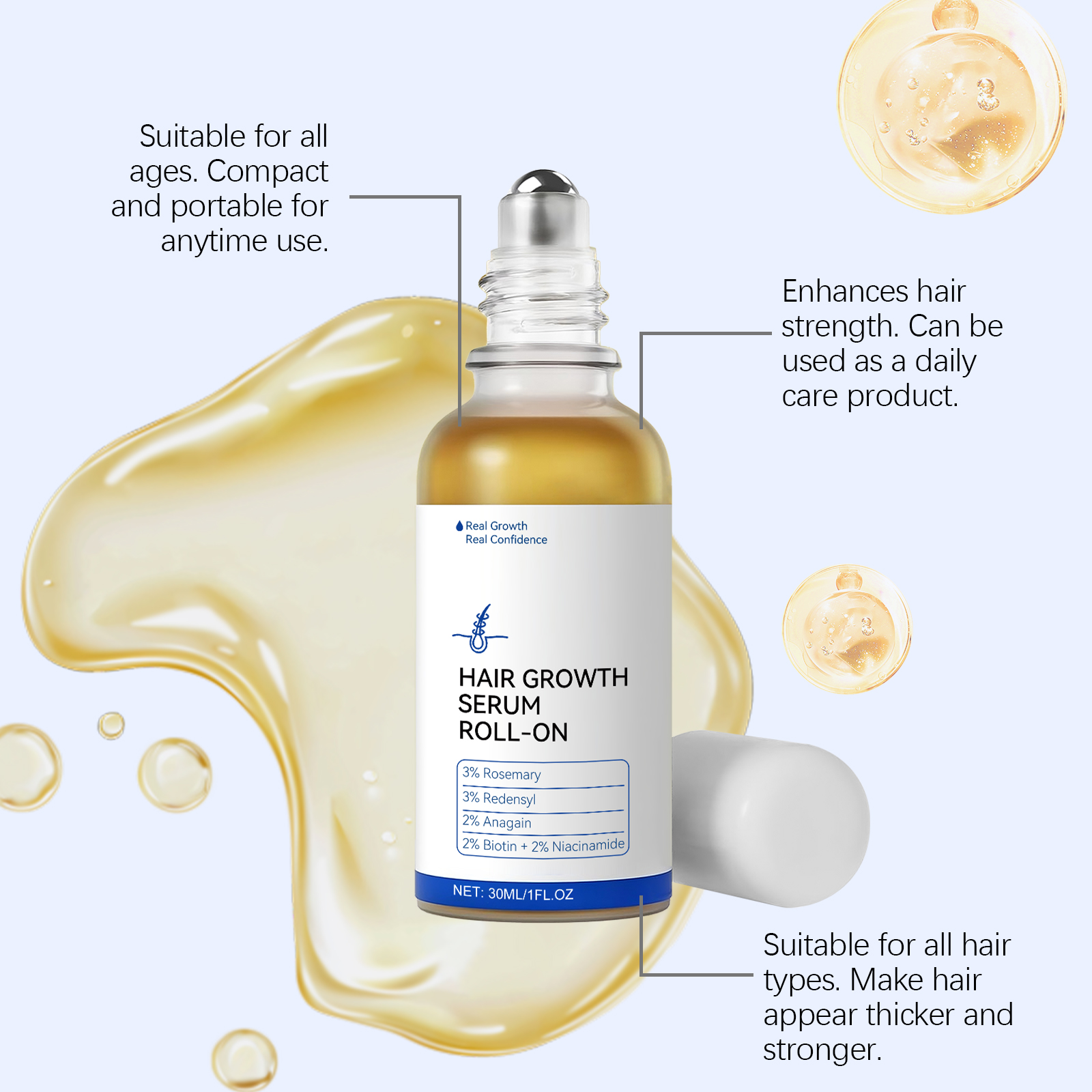 Moisturizing Hair Care Roller Ball Essence Gently Nourishes Scalp, Roller Ball Design for Shiny & Smooth Hair Care ﻿