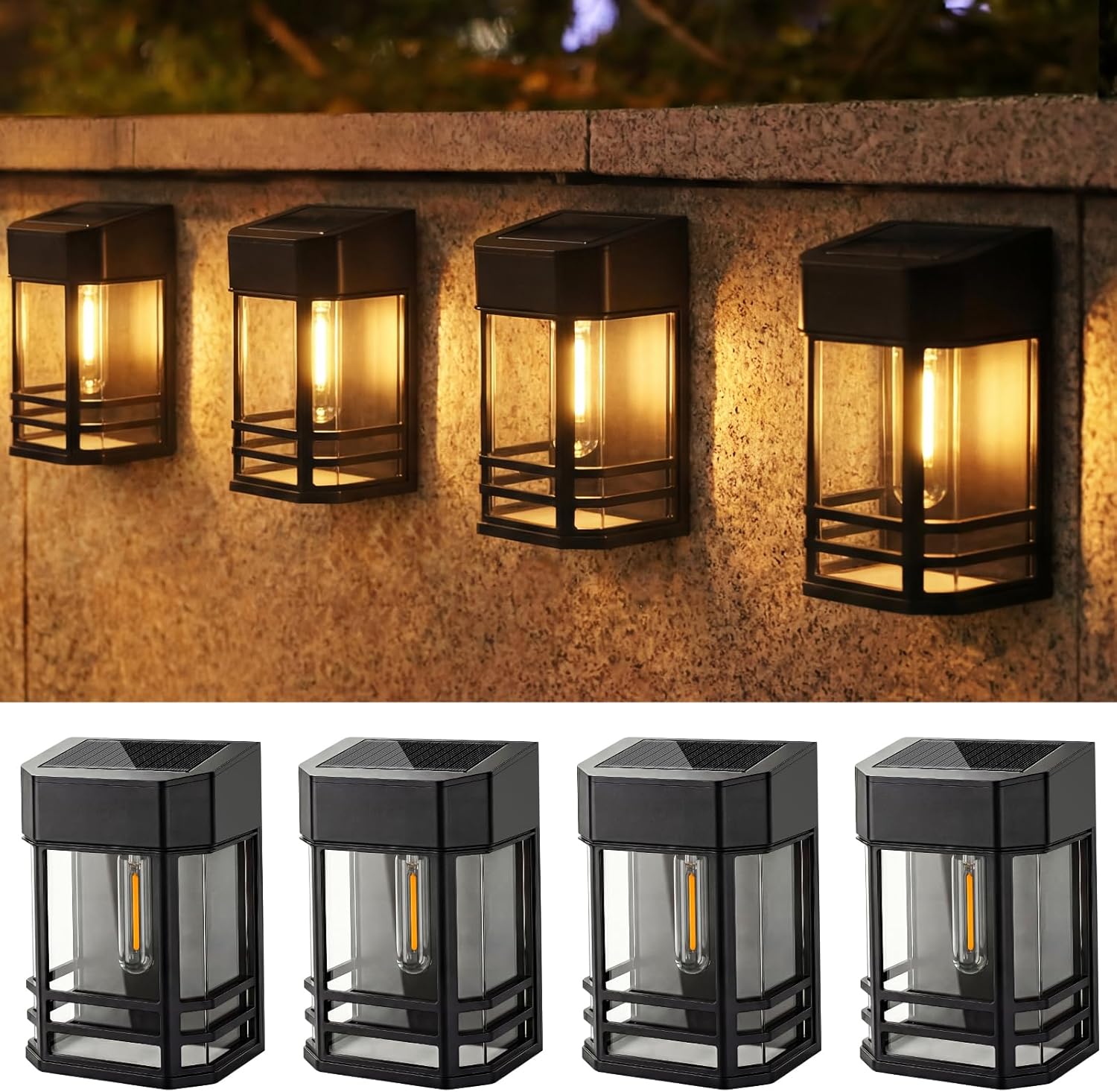 (4 pcs) Solar Fence Lights Outdoor Garden 6 Packs LED Retro Solar Wall Lights Outdoor Waterproof Auto On Off Fence Lights Solar Powered for Patio Decking Gate Yard 