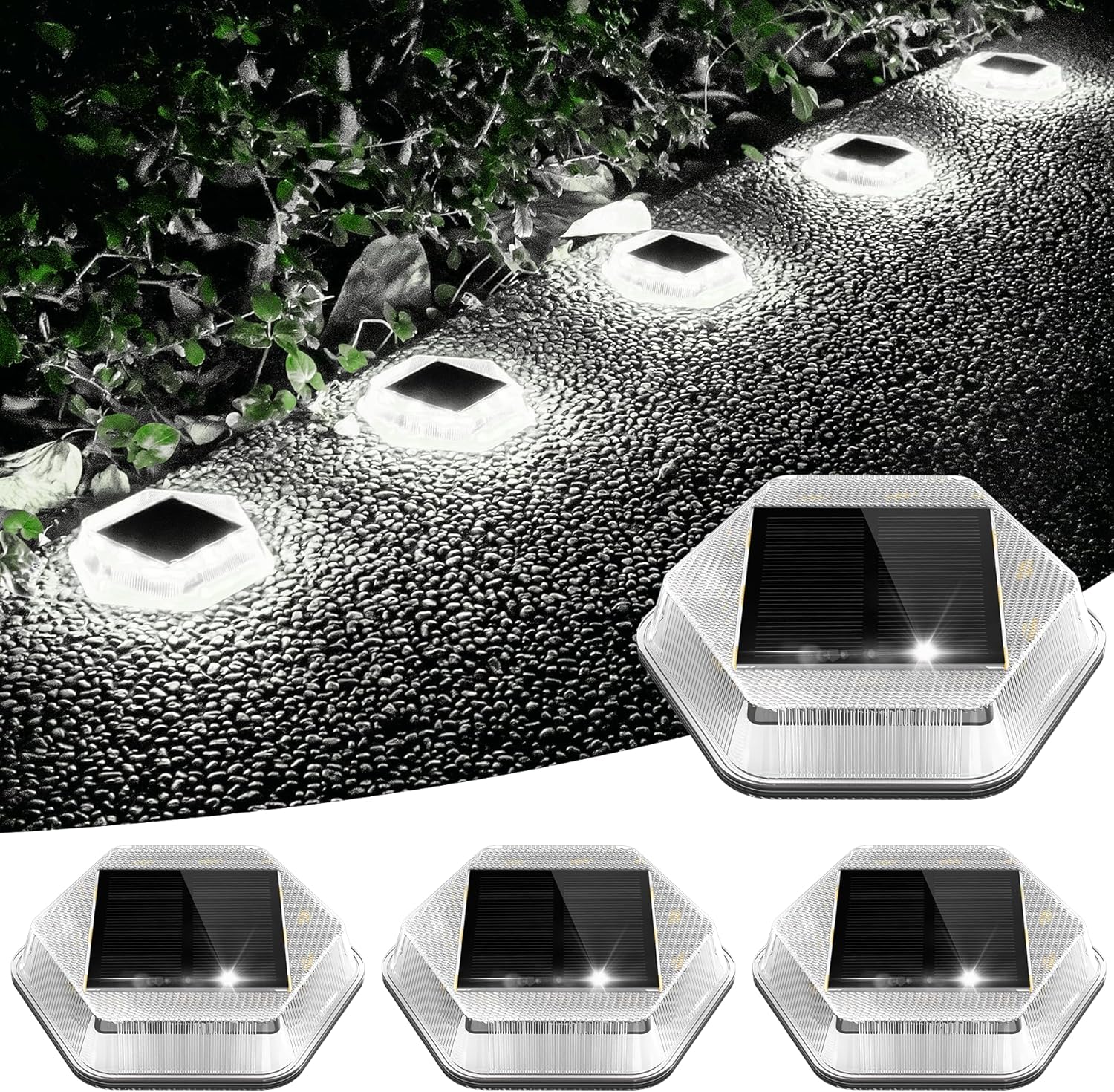  Solar Deck Lights Dusk Till Dawn Outdoor Lights Cool White Ground Lights Waterproof Step Light LED Disk Lighing for Garden Sidewalk Runway Fence Patio Pathway 