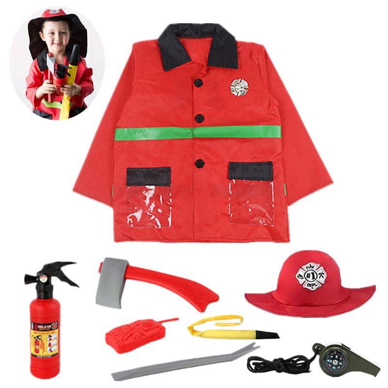 Toddler Firefighter Costume Halloween Cosplay Set with Water Gun Walkie Talkie Compass Whistle Playhouse Party Birthday Gift