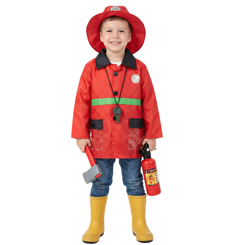 Toddler Firefighter Costume Halloween Cosplay Set with Water Gun Walkie Talkie Compass Whistle Playhouse Party Birthday Gift