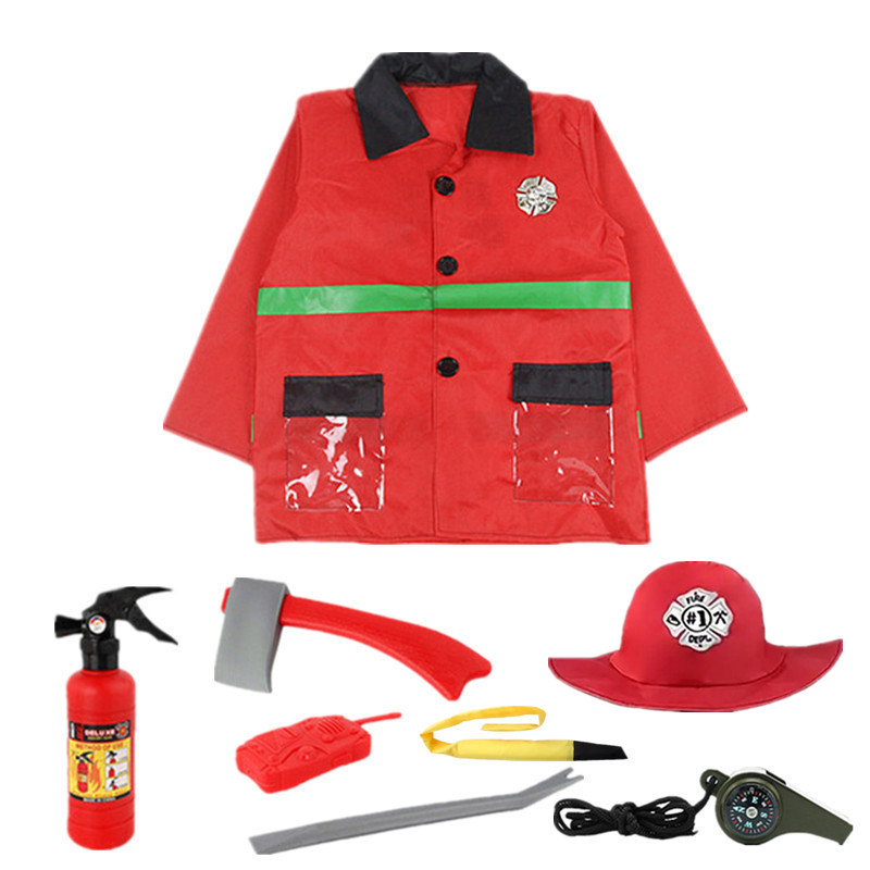 Toddler Firefighter Costume Halloween Cosplay Set with Water Gun Walkie Talkie Compass Whistle Playhouse Party Birthday Gift