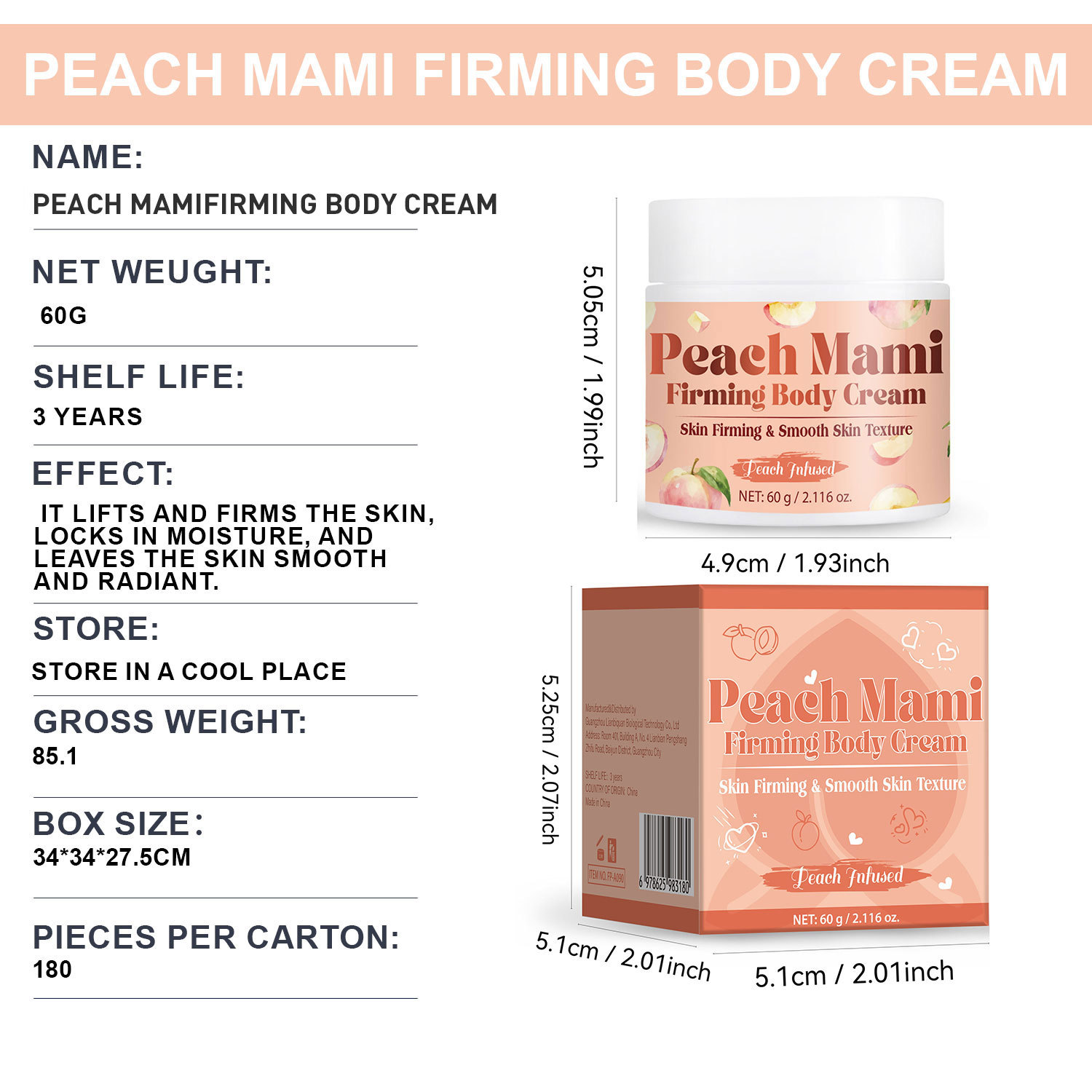Peach Mami Firming Body Cream For Skin Tightening Moisturizing Nourishing Daily Body Care Treatment