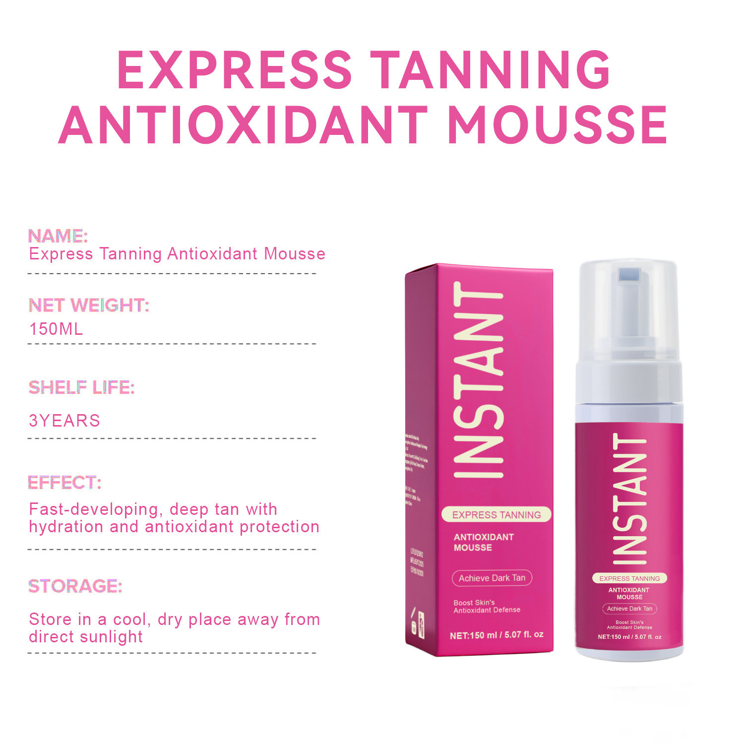 Rapid Tanning Antioxidant Mousse For Sunless Bronzing Natural Glow Even Application Daily Body Care 150ml