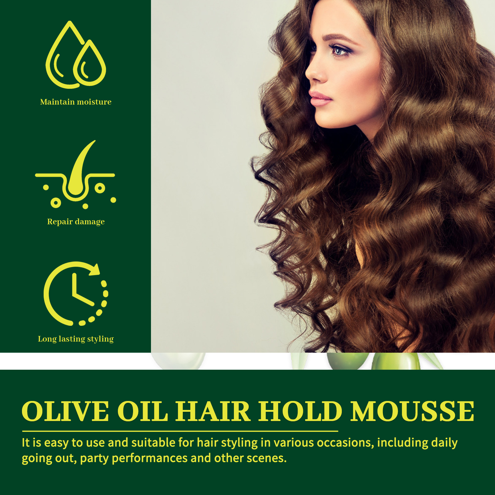 Olive Oil Hair Styling Mousse Curl Defining Frizz Control Volumizing Fast Drying For Natural Waves Daily Care