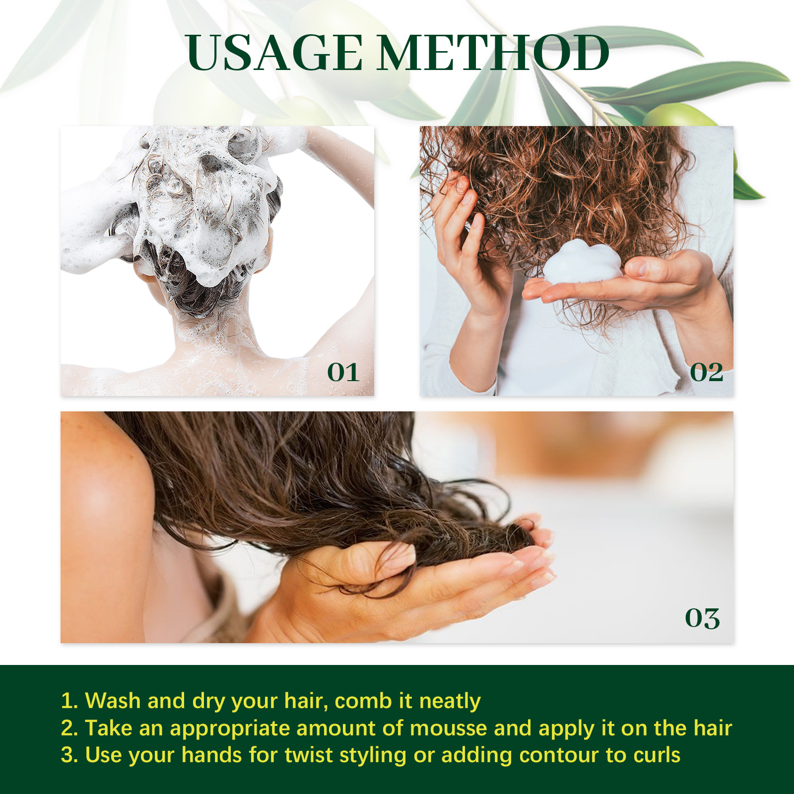 Olive Oil Hair Styling Mousse Curl Defining Frizz Control Volumizing Fast Drying For Natural Waves Daily Care