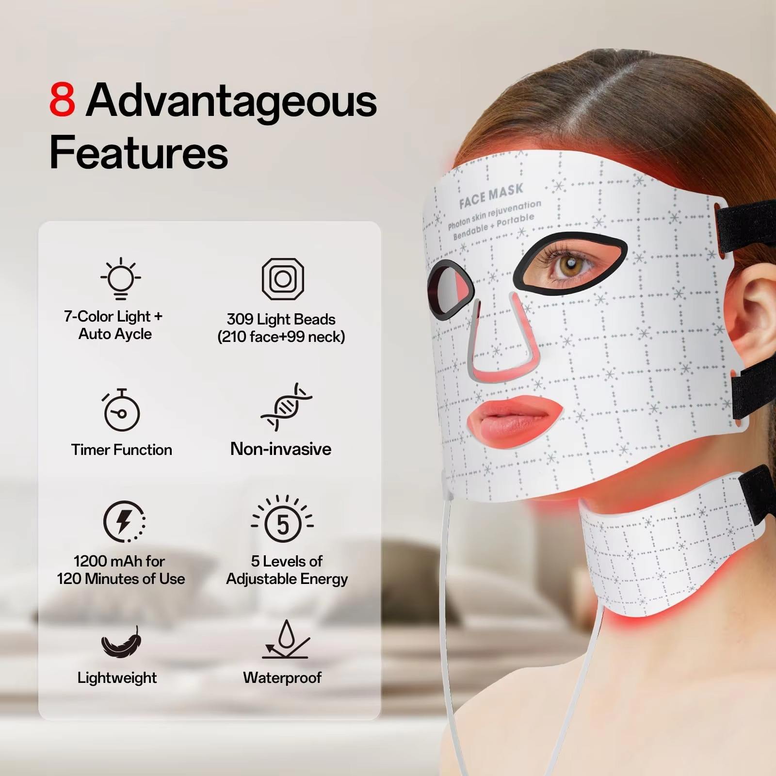 (White) Silicone Led Face Mask Light Therapy Facial Mask 7 Colors Red Light Therapy Food Grade Flexible Soft Mask Led Therapy Anti Aging Advanced Photon Mask