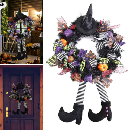 Halloween Front Door Wreath with Hat Witches Legs Pumpkin Hanging for Front Door Porch Window Indoor Outdoor Party Decoration 24 Inchs