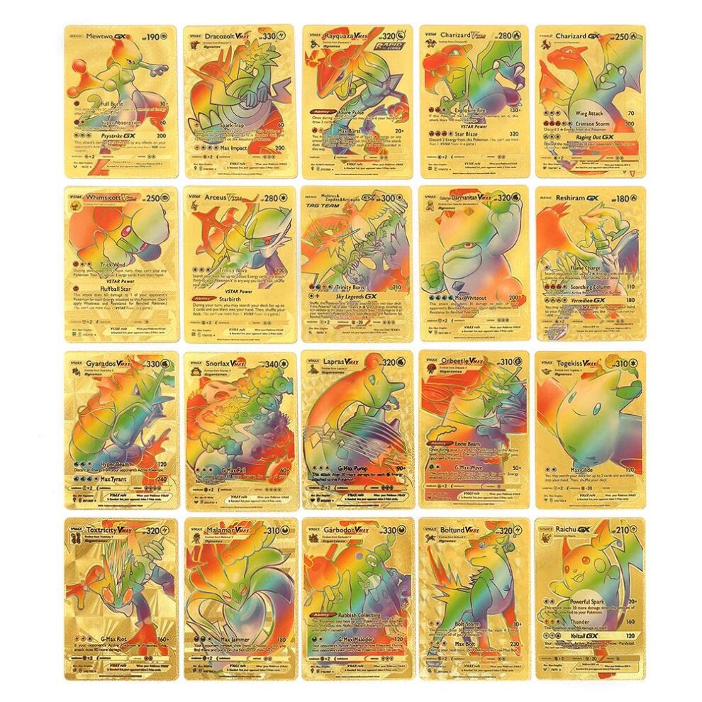 (Golden Rainbow 55pcs) Pokemon Cards Metal Gold Vmax GX Energy Card Charizard Pikachu Rare Collection Battle Trainer Card English Trading Cards Child Toys Xmas Gifts for Kids 55-110pcs set