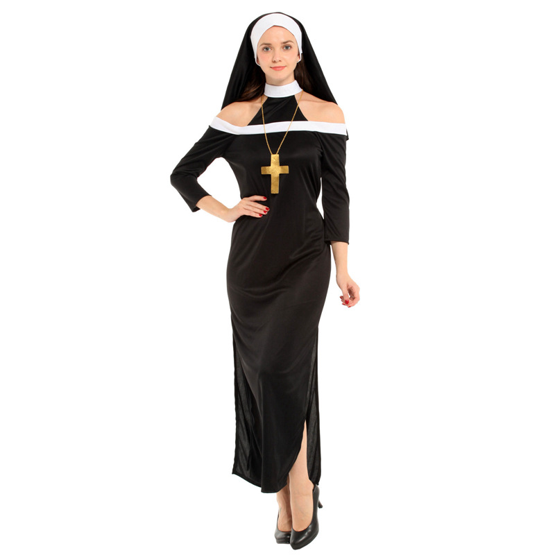 (155~165cm) Ladies Nun Costume Adult Halloween Costumes Accessories Headdress Cross Necklace Fancy Dress