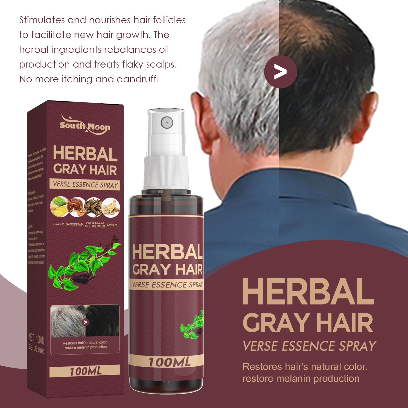 Herbal Black Hair Liquid Hair Darkening Spray Anti Gray Hair Scalp Nourish Spray Hair Treatment Polygonum Multiflorum Essence Bright Hair Care 100ml