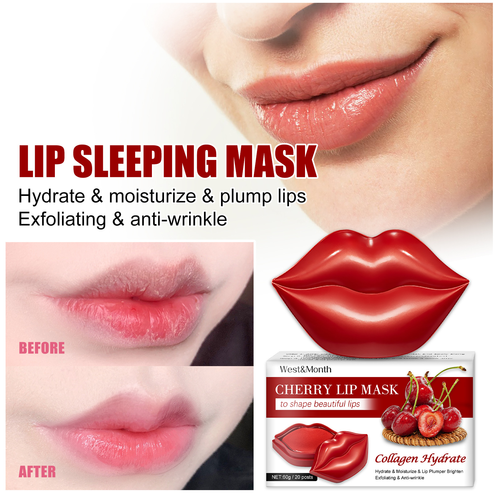 Cherry Lip Mask Lip Plumper Moisturizing Nourishing Anti Wrinkle Lips Pad Diminishing Lip Lines Lip Care Beauty Cosmetics