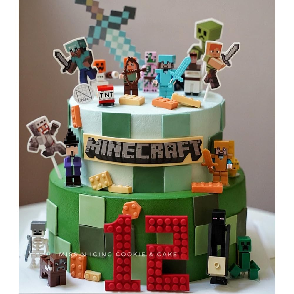 Minecraft Minifigure Building Blocks Kids Mini Toys Cake Toppers Cake Decorations Happy Birthday Topper for NTN Game Cupcake Decor 16pcs Set Fit Lego