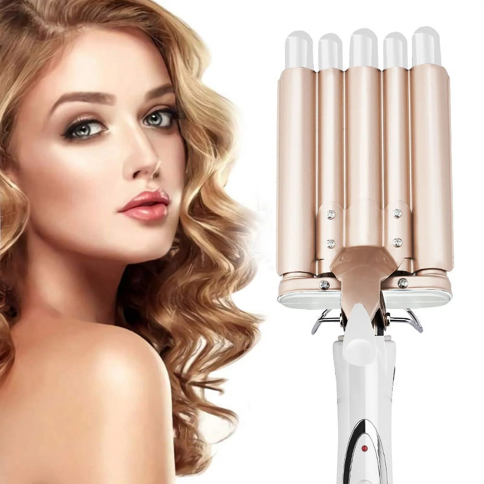 Hair Curlers 5 in 1 Curling Wand Set with Barrel Hair Crimper for Women Beach Waver Curling Iron Wand Fast Heating Hair Wand in All Hair Type Gold 22mm