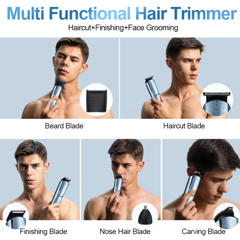 (Blue) Electric Shaver Men Grooming Hair Clipper Kit Beards Face Body Hair Trimmer 5 IN 1 Men Electric Razor Digital Display USB Rechargeable Wet and Dry Use