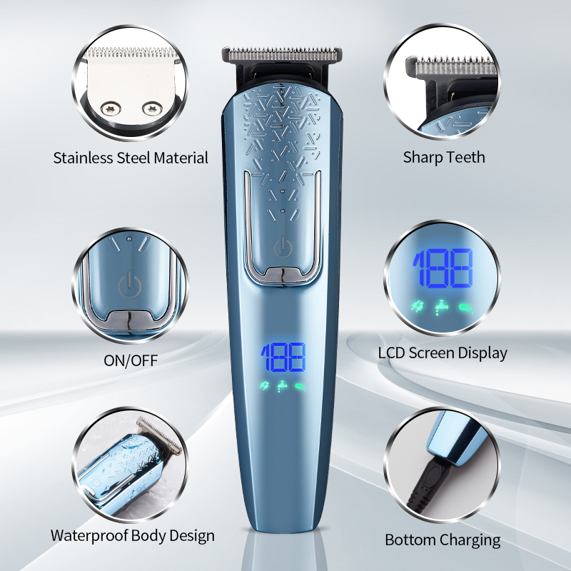 (Blue) Electric Shaver Men Grooming Hair Clipper Kit Beards Face Body Hair Trimmer 5 IN 1 Men Electric Razor Digital Display USB Rechargeable Wet and Dry Use