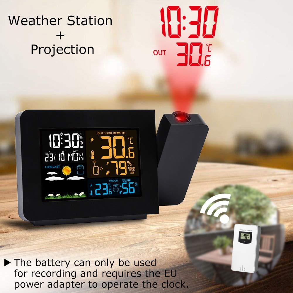 Projection Alarm Clock with Outdoor Sensor Personal Weather Station for Bedroom Projector Dimmable Clock Dual Alarms LCD Display Date Time Temperature Humidity
