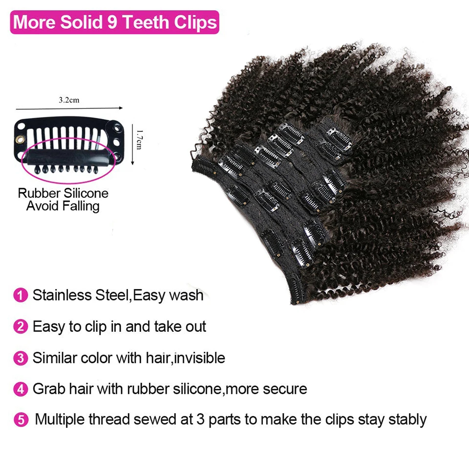 (10inches x 1 Pack) Kinky Curly Clip in Hair Extension Maxine 3C 4A Afro Kinky Curly Clip in Human Hair Extensions Women 120g set clip-in Full Head