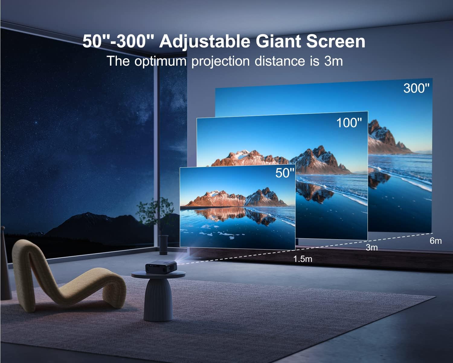 Auto Focus Keystone Projector 26000 Lumen WiFi Bluetooth Full HD 1080P Portable Projector Supported 4K 4D 4P Keystone Zoom 300 Inch Display Home Cinema Projector for Smartphone TV Stick PPT PS5