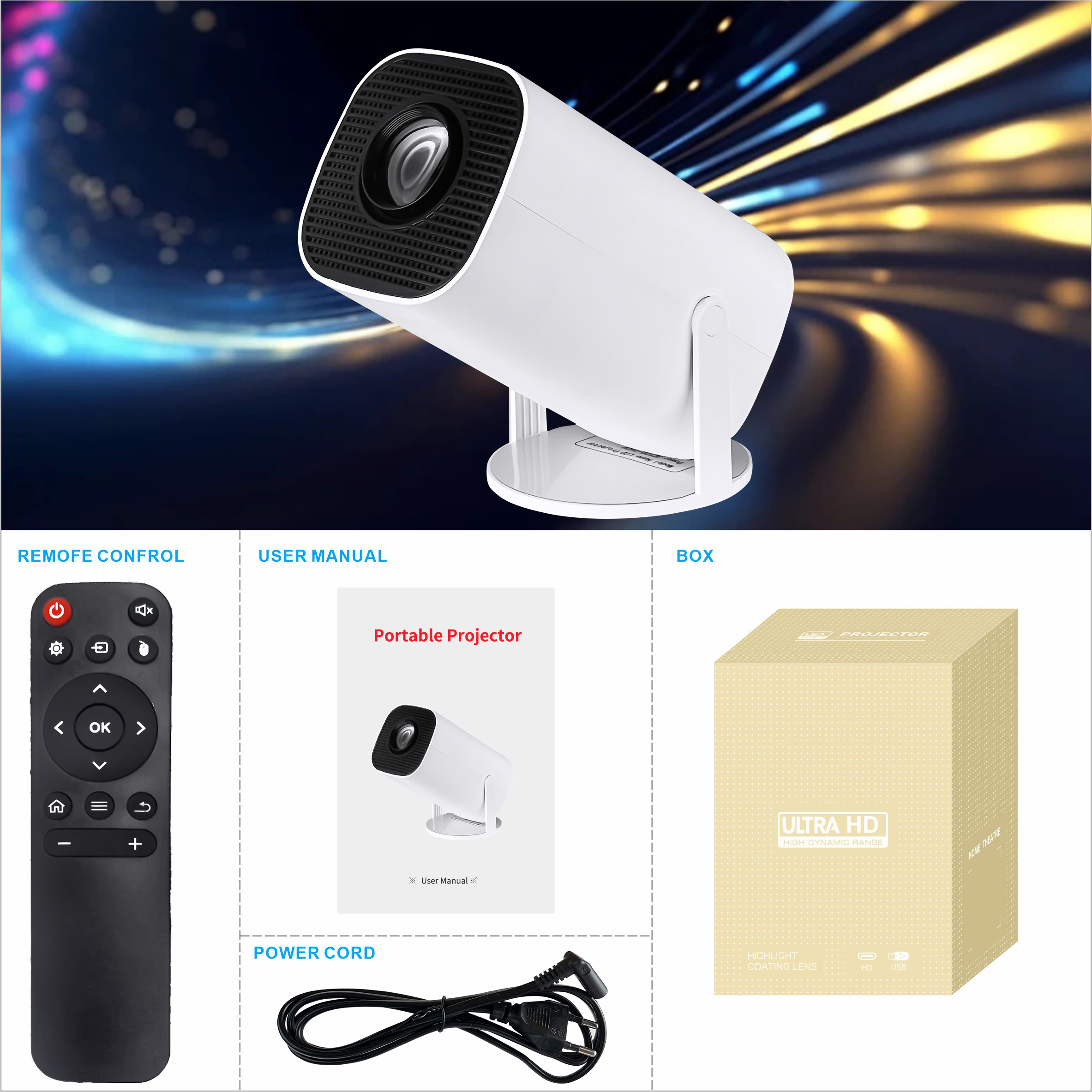 (White) Smart Projector Support 4K HD Wifi Projector Android WIFI BT 1080P Auto Keystone Home Cinema Beam Outdoor Portable Projectors