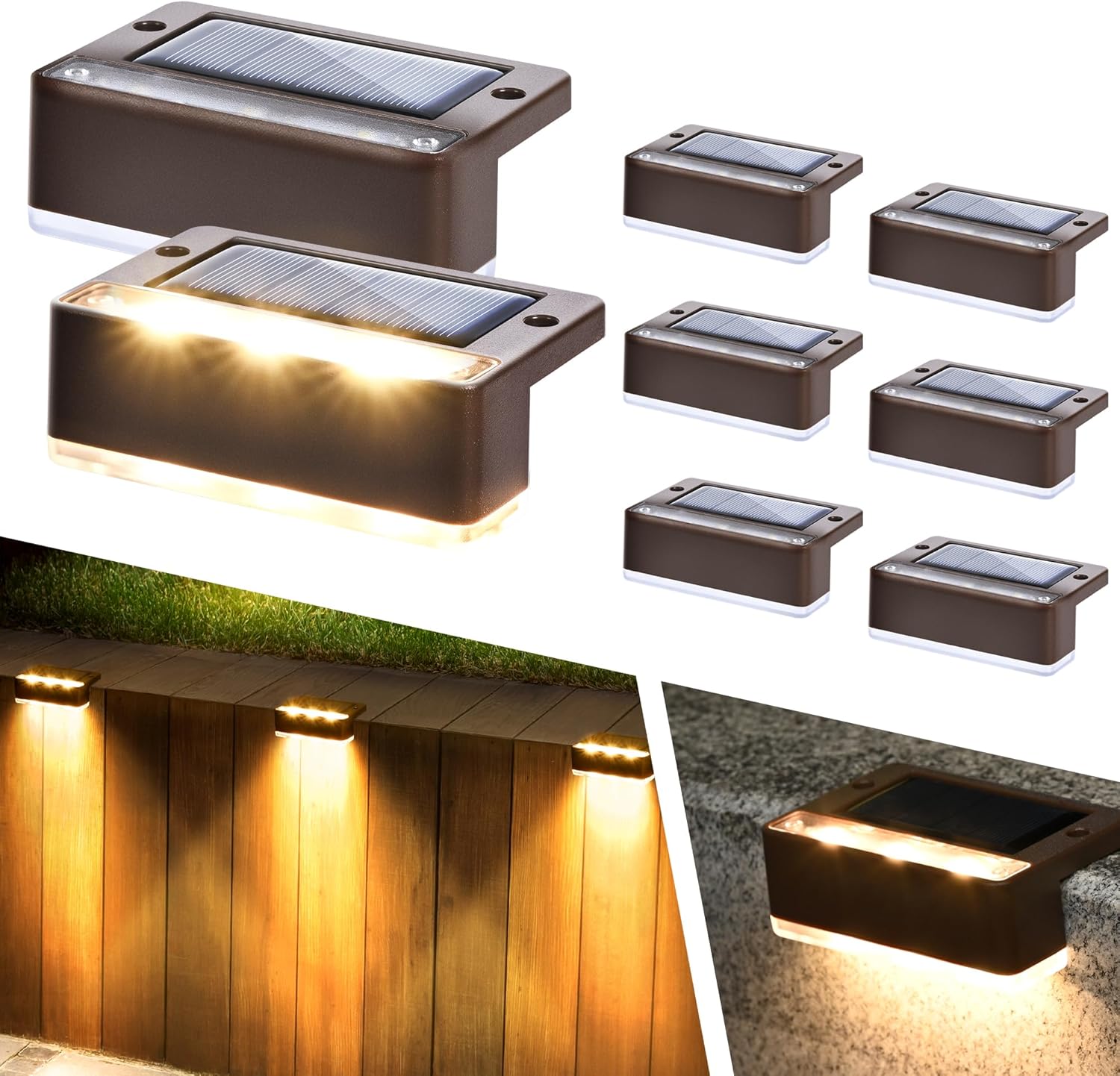 (Brown) Solar Lights for Outdoor, 8 Pack Solar Stair Lights Waterproof Solar Fence Lights for Outdoor Stairs Steps Fence Garden Yard Patio Gutter Pathway Decoration