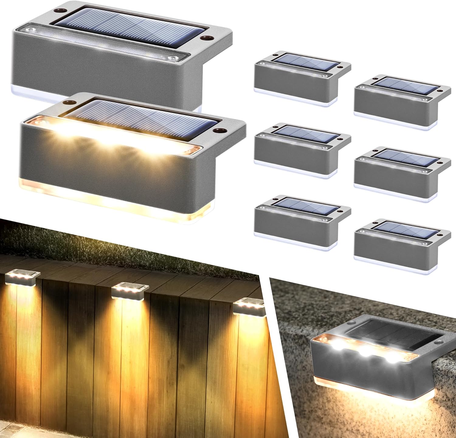(Brown) Solar Lights for Outdoor, 8 Pack Solar Stair Lights Waterproof Solar Fence Lights for Outdoor Stairs Steps Fence Garden Yard Patio Gutter Pathway Decoration
