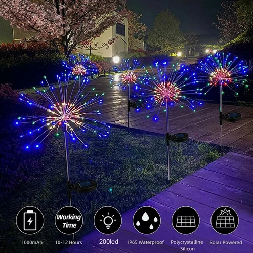 (Multicolor) 200 LED Solar Firework Lights Outdoor Waterproof Garden Path Lawn Decor Lamp