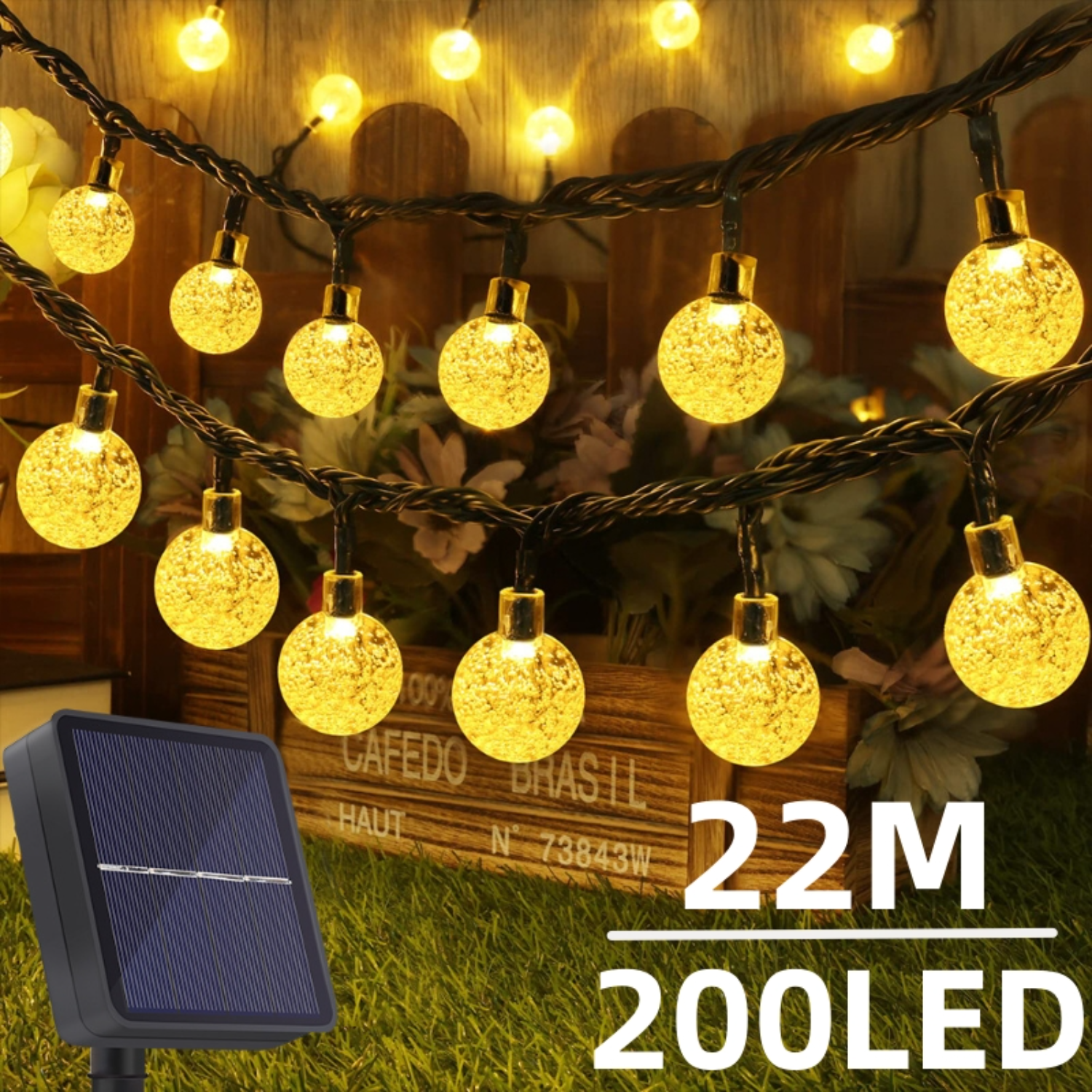 (Cool White) Solar String Lights Outdoor 200 Led Crystal Globe Lights Waterproof Solar Festoon Fairy Light for Garden Christmas Outdoor Decor