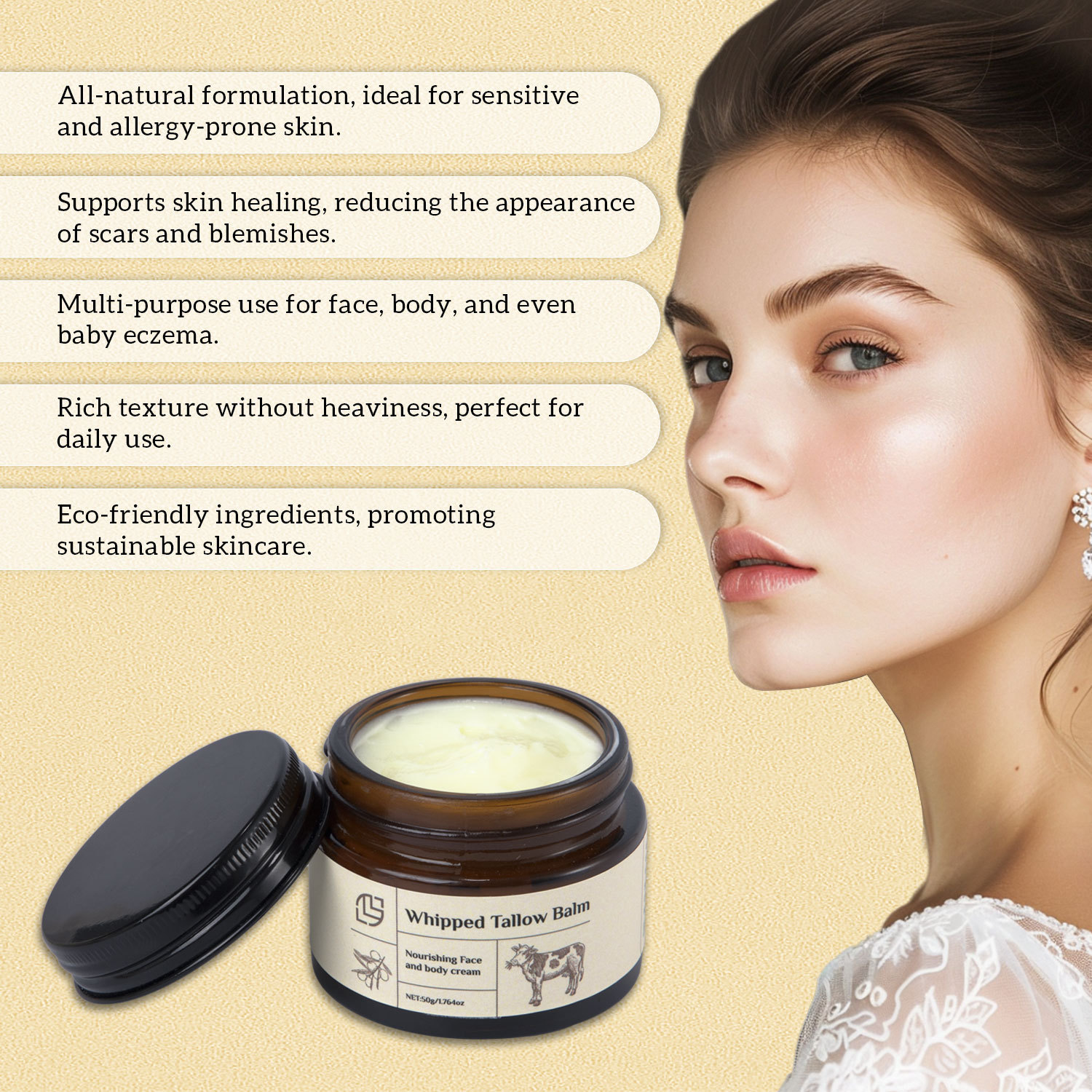 Whipped Tallow Balm Moisturising Gentle Nourishing Skin Repair for Daily Care Natural 50g