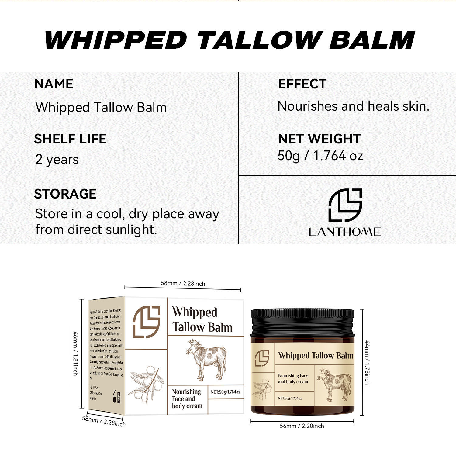 Whipped Tallow Balm Moisturising Gentle Nourishing Skin Repair for Daily Care Natural 50g