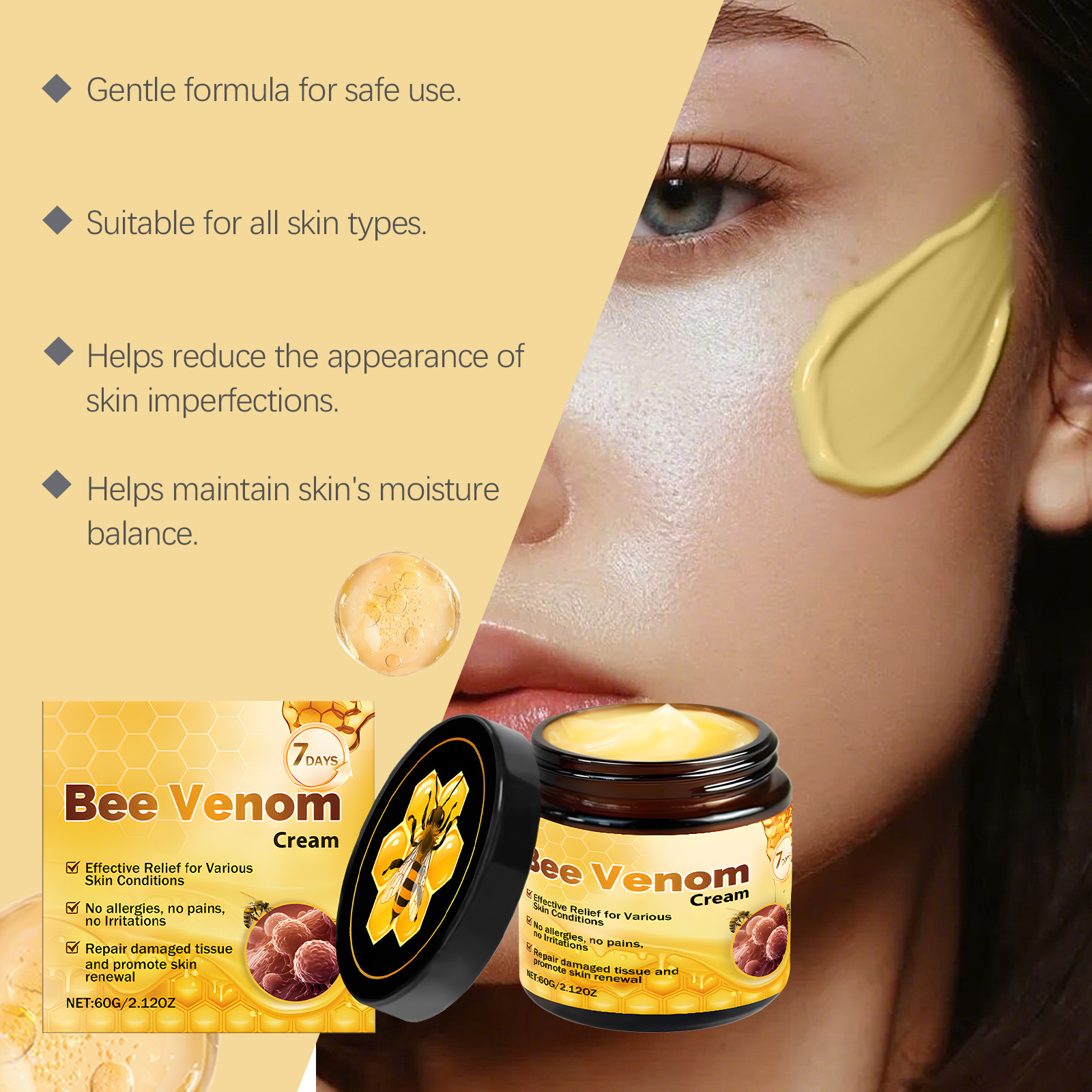 Bee Venom Care Cream Mild Moist Hydrate Smooth Tender Body Tissue Daily External Apply