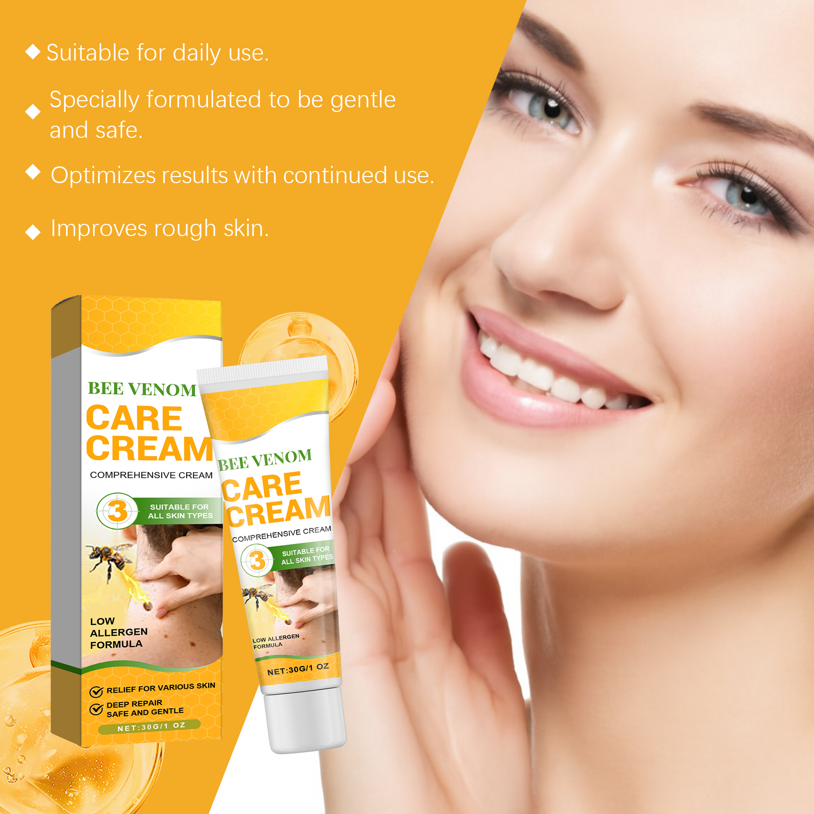 Bee Venom Care Cream Daily Protect Soothe Redness Remove Blemish Easy Spread Boost Skin Smooth Texture