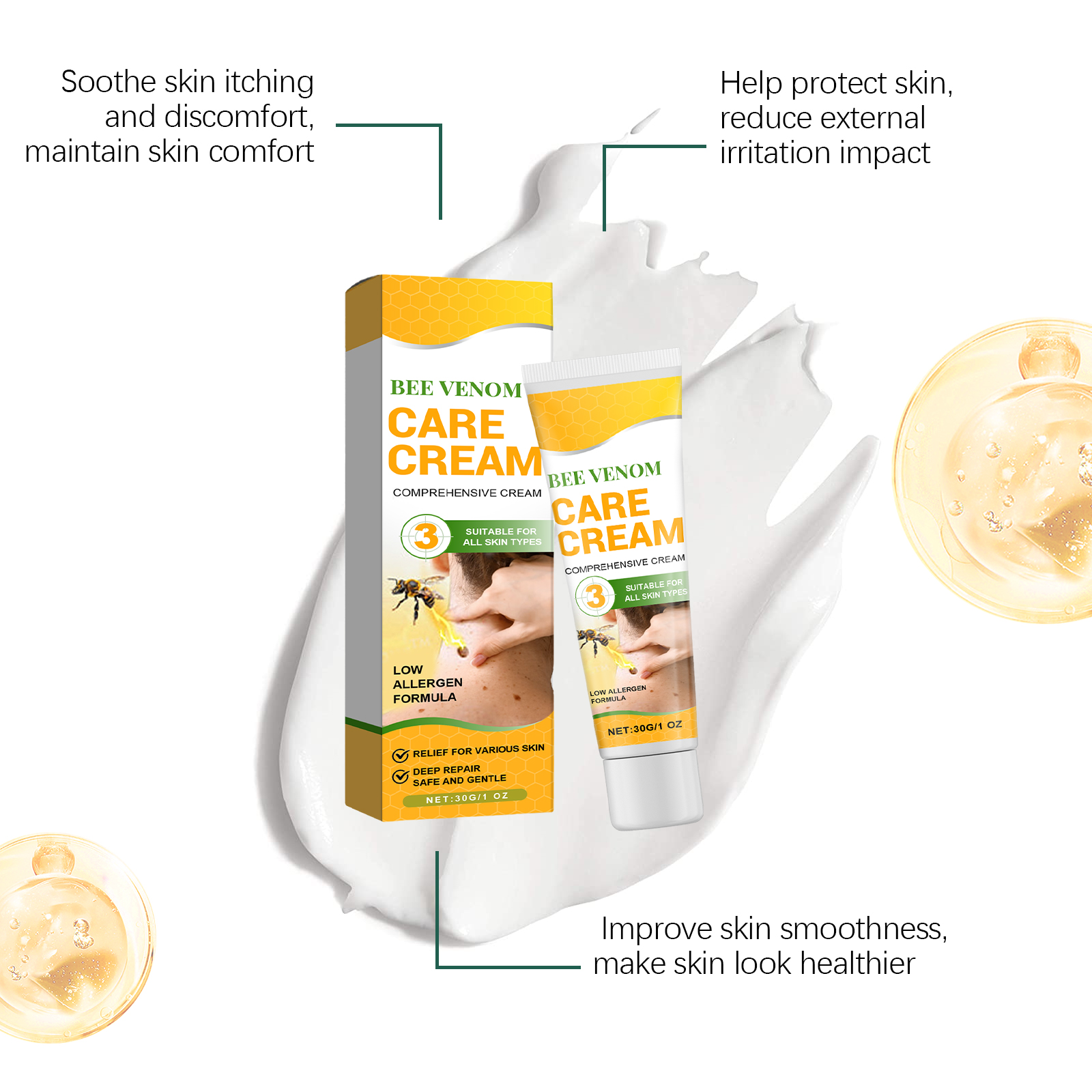Bee Venom Care Cream Daily Protect Soothe Redness Remove Blemish Easy Spread Boost Skin Smooth Texture