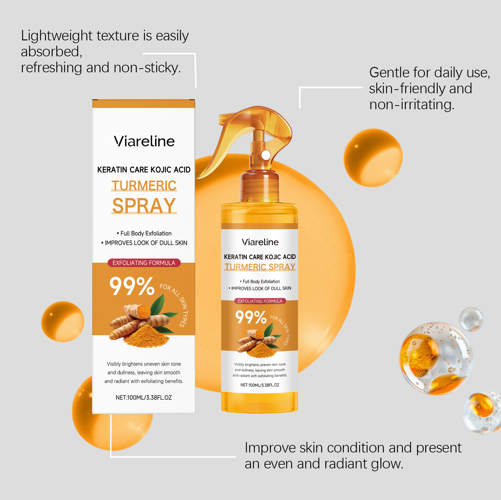Turmeric Exfoliating Spray Gentle Clean Body Skin Nourish Soften Moisturize Hydrating Mist