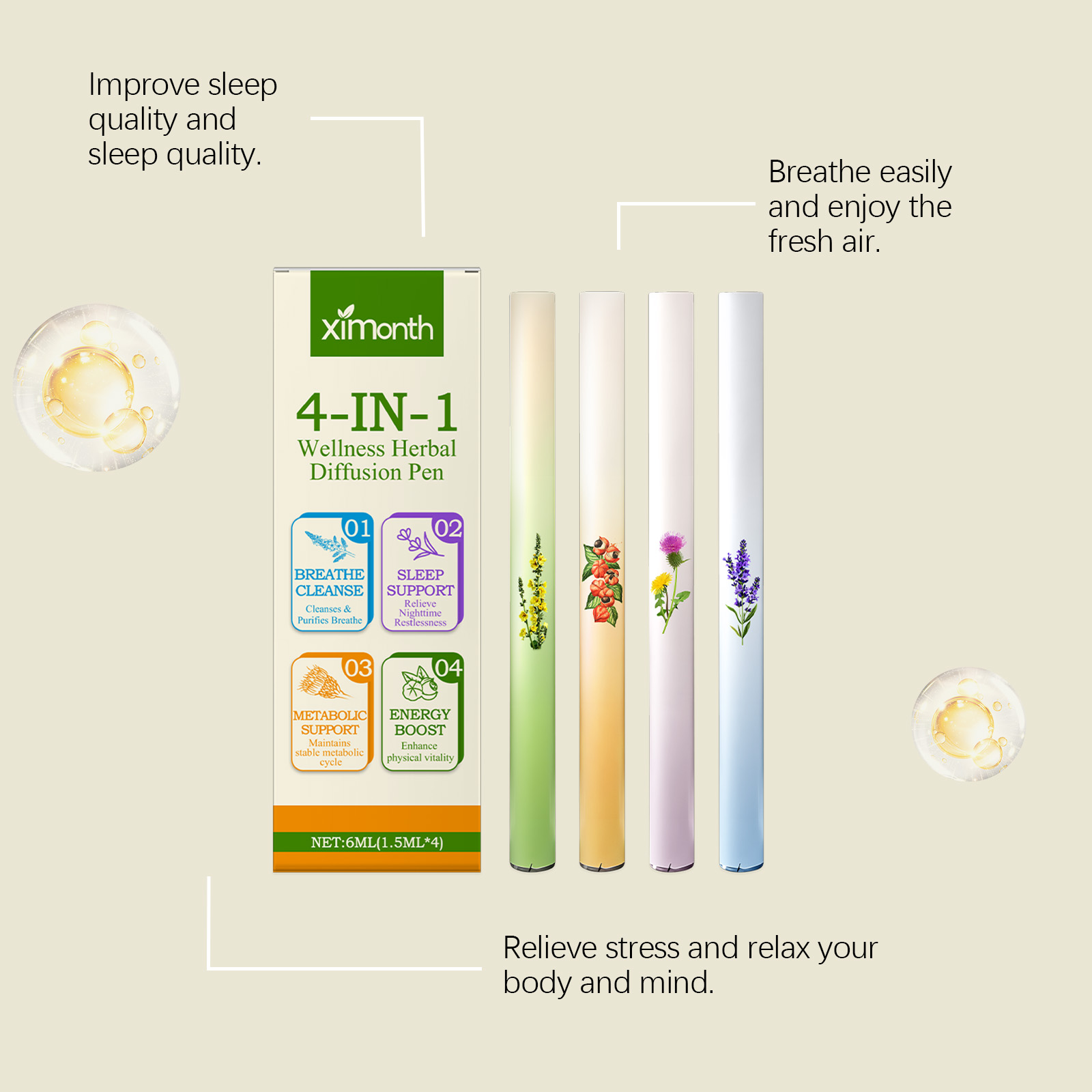 (01) Herbal Energy Combination Stick Boost Vitality Gentle Care Sleep Body Cleansing Four In One