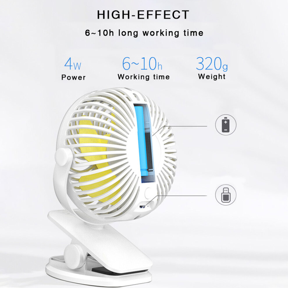 (White) 3 Speeds USB Rechargeable Mini Cooling Fan Clip On Desk Baby Stroller Portable