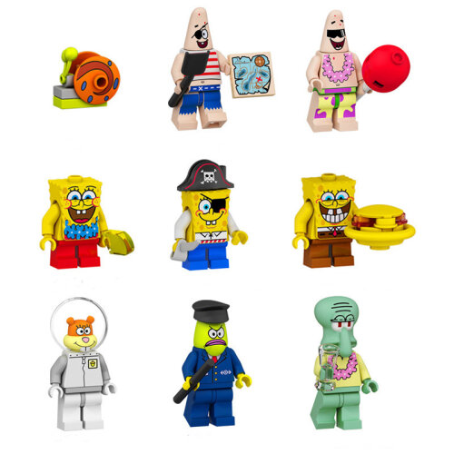 Spongebob Minifigure Stitching Set Building Blocks Kit Mini Cartoon Action Figures Collectible Figures Cartoon Character Doll Toy Fit Lego 8Pcs