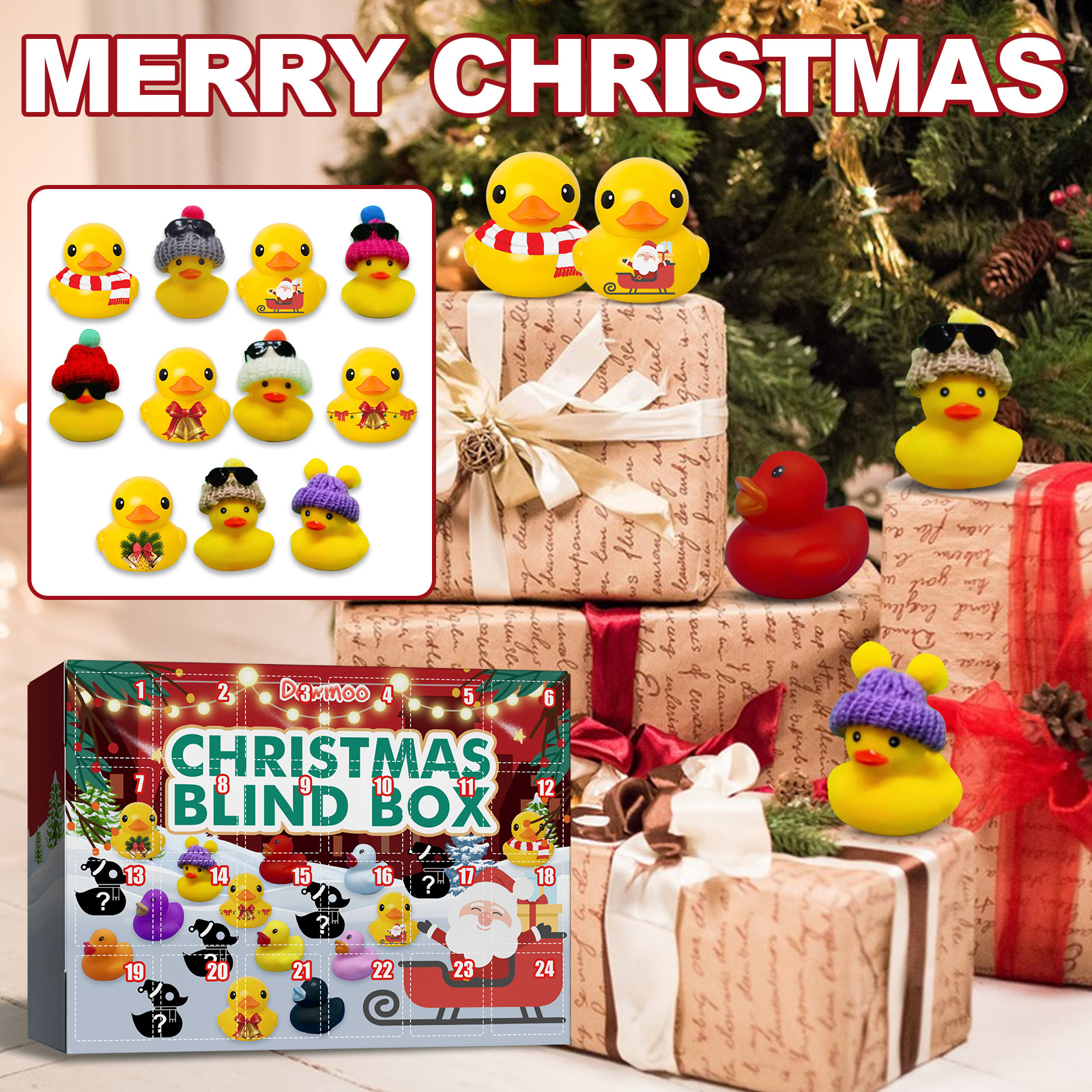 Advent Calendar Rubber Ducks Stress Relief Toys Set Christmas 24 Days Countdown Calendar Holiday Party Favors Kids Bath Toys Blind Box Surprise Gift