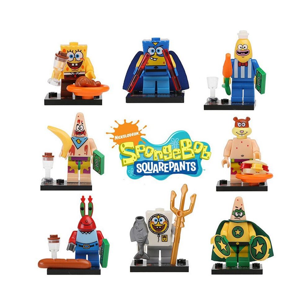 Spongebob Squarepants Minifigures Cartoon Action Figures Set Cake Toppers 8 Pieces Party Supplies Collectible Anime Movie Building Blocks Model Toys Fans Kids Boys Girls Gifts