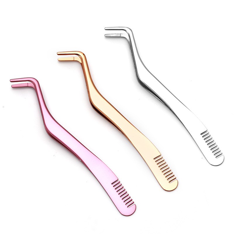 Eyelashes Tweezers False Lashes Applicator Stainless Steel Lash Extension Tweezers with Comb Classic Lashes Smeared Natural Beauty Tools for Volume Isolation Ergonomic Curved Makeup Artist Salon Home Use 3pcs Set