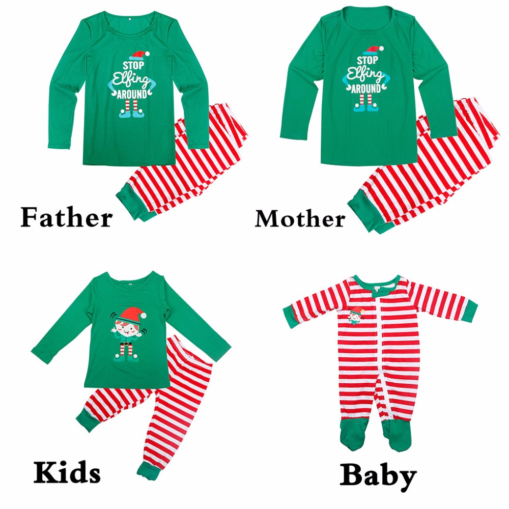 (3M Baby) Family Christmas Pajamas Set 2023 Xmas Letter Print Stop Elfing Around Family Matching Clothes Adult Kid Pyjamas Baby Romper Xmas Family Sleepwear