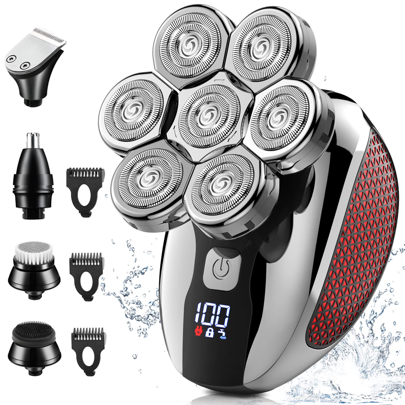 (Black) Detachable Head Shavers for Bald Men 6 in 1 Electric Razor for Bald Men 7D with Hair Sideburns Trimmer Waterproof Wet and Dry Cordless Men Grooming Kit