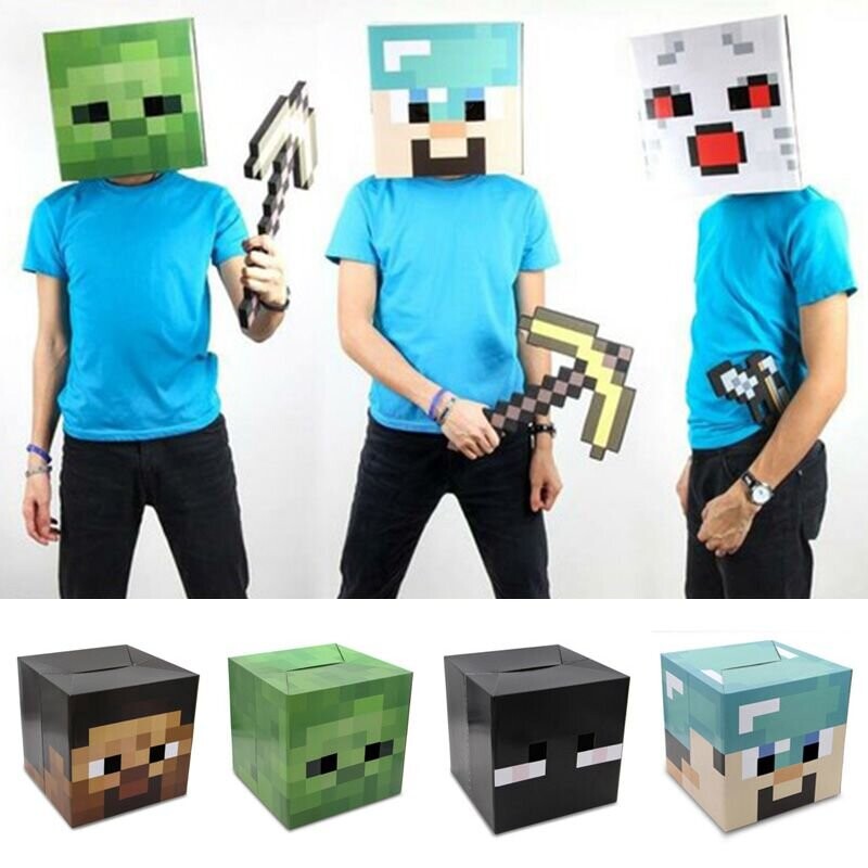 (Brown Steve) Minecraft Cardboard Headgear Box Cosplay Costume Steve Creeper Enderman Zombie Headpiece Costume Mask One Size