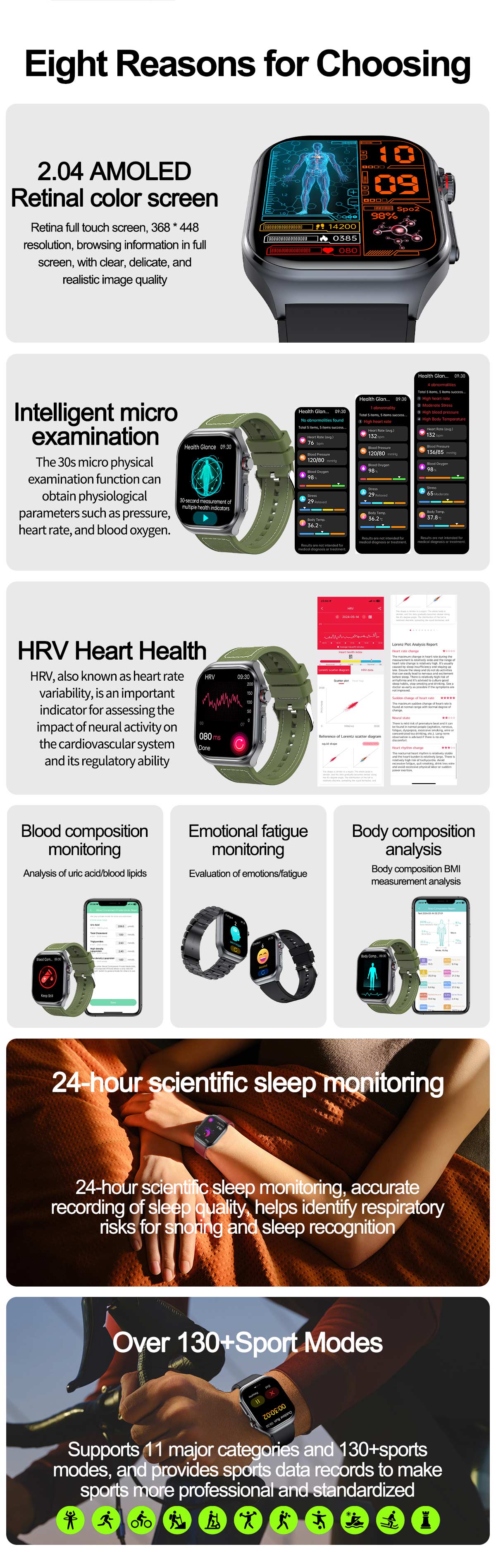 (Black Silicone) Smart Watch Uric Acid Blood Fat ECG Heart Rate Blood Pressure Blood Glucose Health Monitoring Bluetooth Smartwatch
