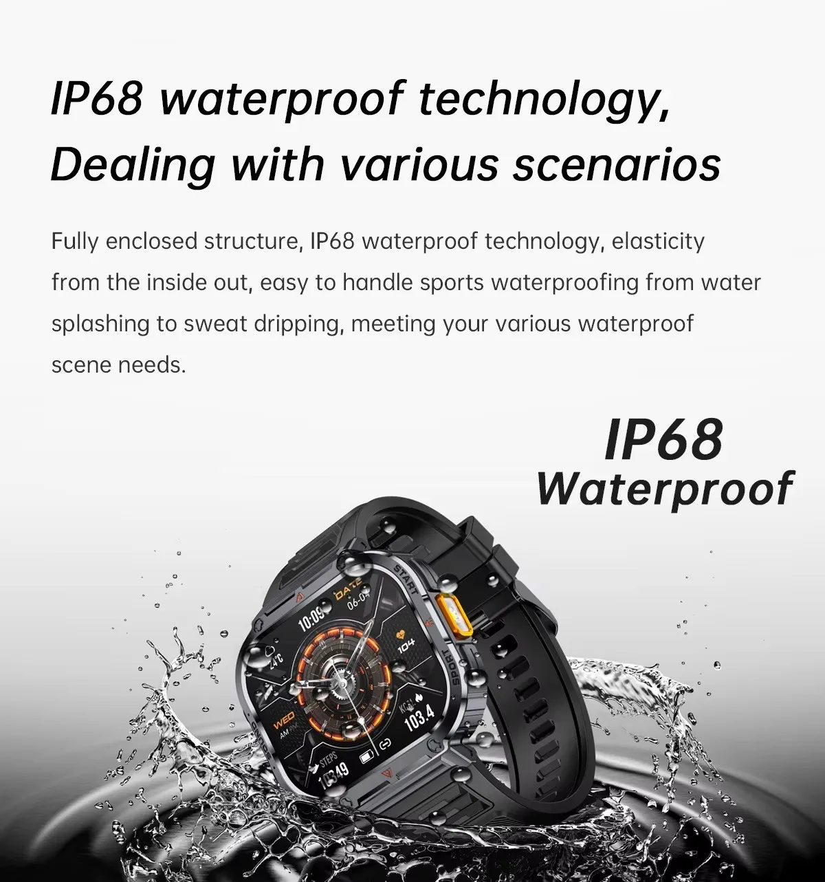 (Black) Smart Watch Heart Rate Blood Oxygen Sleep Monitor 2 inch Ultra Large Screen LED Light Flashlight BT Calling Men Outdoor Sports Fitness Tracker Smartwatch
