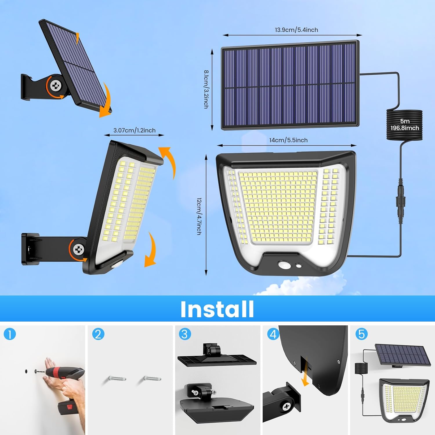 (1 PCS) Solar Powered Security Lights 288 LED Solar Outdoor Garden Flood Light 3 Motion Sensor Mode Outside Solar Panel Floodlight Lighting IP65 Waterproof for Garden 