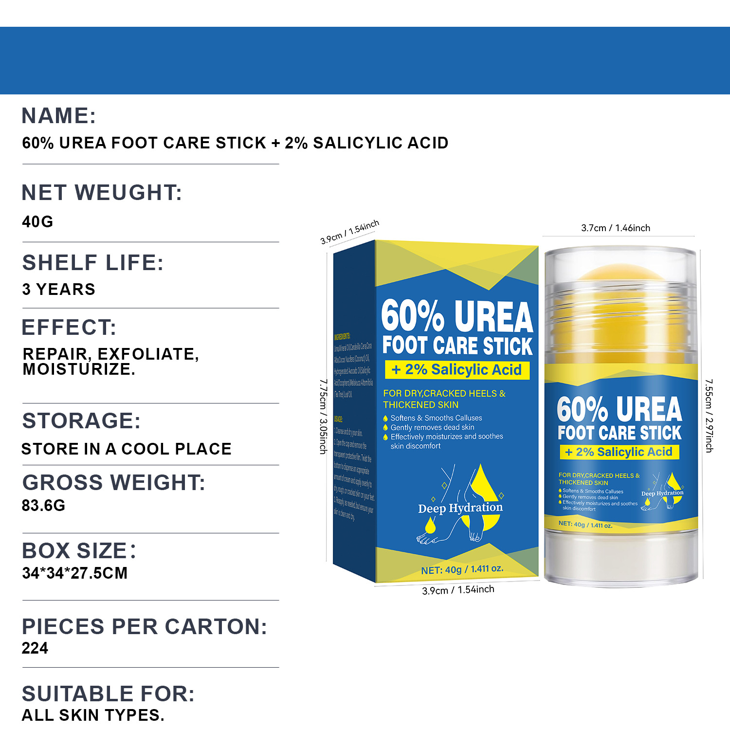 60 Percent Urea Cream Stick With 2 Percent Salicylic Acid For Dry Skin Callus Removal And Smoothing Solid Stick 40g