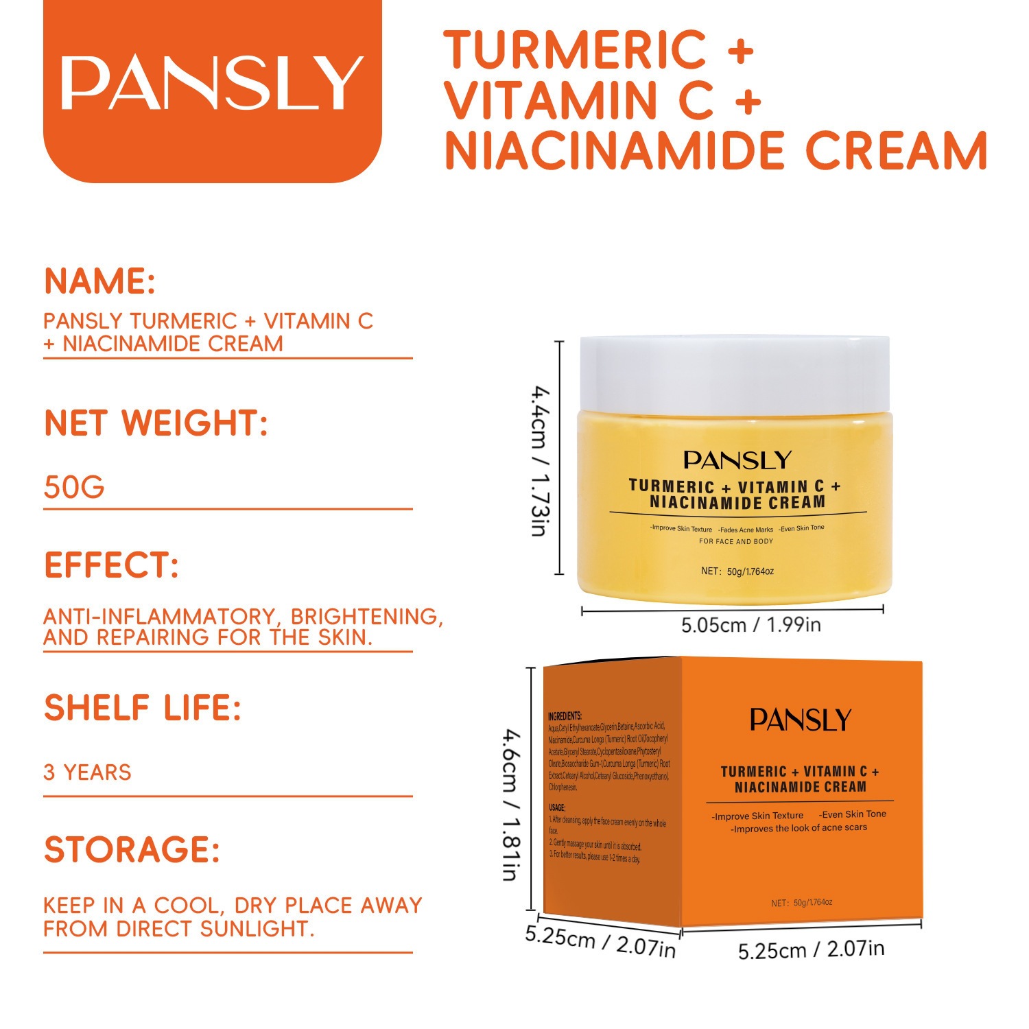 Turmeric Vitamin C Niacinamide Face Cream Brightening Toning Moisturising for Daily Skin Care Natural 50g