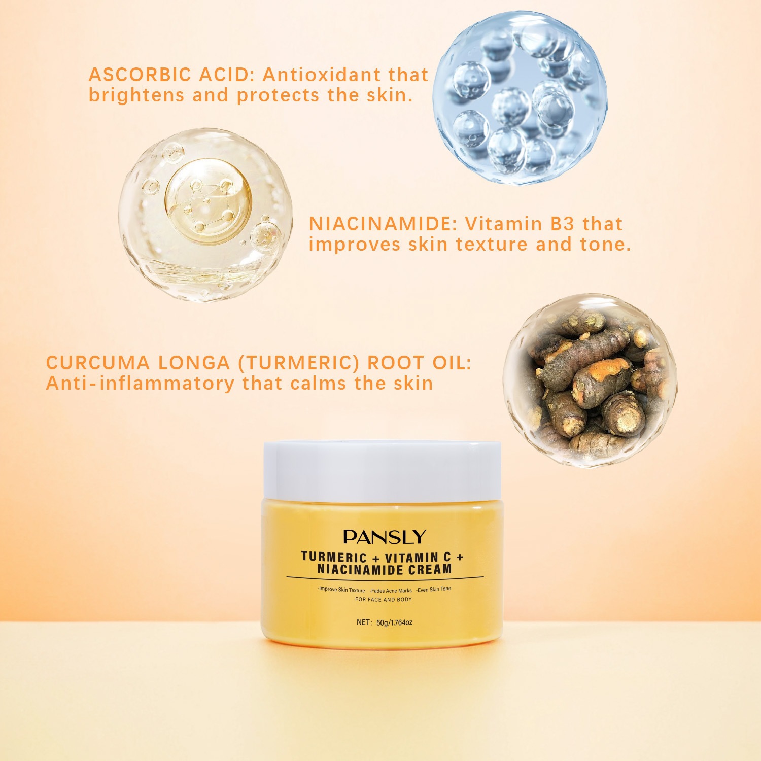Turmeric Vitamin C Niacinamide Face Cream Brightening Toning Moisturising for Daily Skin Care Natural 50g